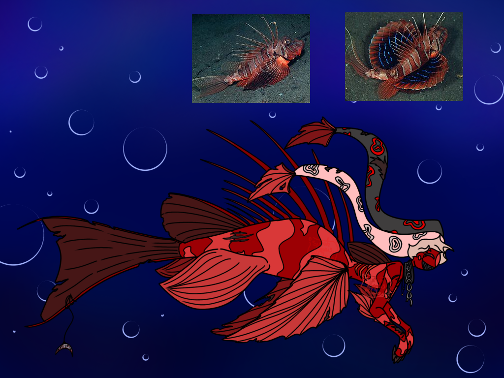 art of the artist's oc, Bloodmoon, as a lionfish mer